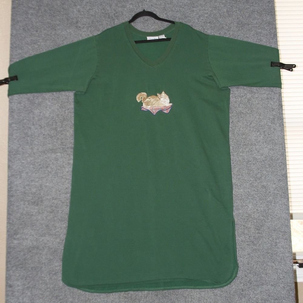 Woman Within Nightgown Womens 1X Green Cat Embroidered Long Sleeve Loungewear